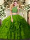 Vintage Floor Length Zipper Sweet 16 Quinceanera Dress Olive Green for Military Ball and Sweet 16 and Quinceanera with Beading and Ruffled Layers