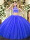 Flirting Floor Length Backless Quinceanera Gowns Blue for Military Ball and Sweet 16 and Quinceanera with Beading