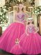 Modern Hot Pink Sleeveless Tulle Lace Up Quinceanera Dresses for Military Ball and Sweet 16 and Quinceanera