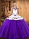 Purple Satin and Tulle Lace Up Halter Top Sleeveless Floor Length Ball Gown Prom Dress Embroidery