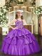 Lilac Organza Lace Up Kids Formal Wear Sleeveless Floor Length Beading and Ruffled Layers