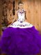 Purple Sleeveless Floor Length Embroidery and Ruffles Lace Up Ball Gown Prom Dress