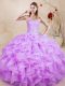 Sleeveless Organza Floor Length Lace Up Sweet 16 Dress in Lilac with Beading and Ruffles