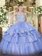 On Sale Blue Ball Gowns Straps Sleeveless Taffeta Floor Length Zipper Beading and Ruffled Layers Quinceanera Dress
