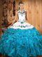 Cheap Halter Top Sleeveless Satin and Organza Quince Ball Gowns Embroidery and Ruffles Lace Up