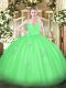 Green Ball Gowns Spaghetti Straps Sleeveless Tulle Floor Length Zipper Appliques 15th Birthday Dress