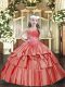 Floor Length Coral Red Girls Pageant Dresses Organza Sleeveless Beading and Ruffled Layers