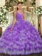 Fancy Floor Length Lavender Quinceanera Gowns Organza Sleeveless Ruffled Layers