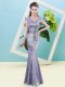 Mermaid Prom Party Dress Lavender V-neck Sequined Cap Sleeves Floor Length Zipper