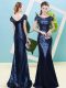Sophisticated Navy Blue Cap Sleeves Floor Length Sequins Zipper Prom Evening Gown