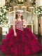 Elegant Beading and Ruffles Little Girls Pageant Dress Fuchsia Lace Up Sleeveless Floor Length