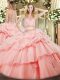 Fabulous Pink Ball Gowns Tulle High-neck Sleeveless Beading and Ruffles Floor Length Zipper Sweet 16 Dresses