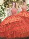 Stunning Rust Red Zipper Quinceanera Dress Beading and Embroidery and Ruffles Sleeveless Floor Length