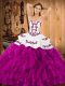 Custom Designed Floor Length Lace Up Vestidos de Quinceanera Fuchsia for Military Ball and Sweet 16 and Quinceanera with Embroidery and Ruffles