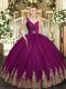 Customized Sleeveless Tulle Floor Length Backless Ball Gown Prom Dress in Fuchsia with Beading and Appliques and Ruching