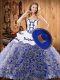 Multi-color Ball Gowns Strapless Sleeveless Satin and Fabric With Rolling Flowers With Train Sweep Train Lace Up Embroidery Quince Ball Gowns