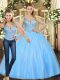 Chic Floor Length Lace Up 15th Birthday Dress Baby Blue for Military Ball and Sweet 16 and Quinceanera with Beading
