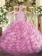 Gorgeous Brush Train Ball Gowns Quinceanera Dress Rose Pink Straps Organza Sleeveless Zipper
