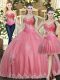 Free and Easy Sleeveless Tulle Floor Length Lace Up Quinceanera Gowns in Rose Pink with Beading and Appliques