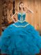 Teal Satin and Organza Lace Up Sweetheart Sleeveless Floor Length Ball Gown Prom Dress Embroidery and Ruffles