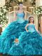 Sleeveless Floor Length Beading and Ruffles and Ruching and Pick Ups Lace Up Sweet 16 Quinceanera Dress with Teal