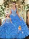 Traditional Straps Sleeveless Lace Up Sweet 16 Quinceanera Dress Aqua Blue Tulle