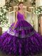 Edgy Purple Backless V-neck Ruffles Quince Ball Gowns Satin and Organza Sleeveless