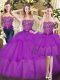 Eggplant Purple Ball Gowns Strapless Sleeveless Tulle Floor Length Lace Up Beading and Ruffled Layers Sweet 16 Dresses