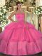 Beading and Ruffled Layers 15th Birthday Dress Hot Pink Lace Up Sleeveless Floor Length