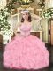 Straps Sleeveless Pageant Dress for Teens Floor Length Beading and Ruffles Rose Pink Organza