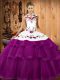 Inexpensive Lace Up Sweet 16 Dresses Eggplant Purple and White And Red for Military Ball and Sweet 16 and Quinceanera with Embroidery and Ruffled Layers Sweep Train