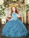 Modern Sleeveless Tulle Floor Length Zipper Custom Made Pageant Dress in Teal with Beading and Ruffles