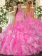 Fabulous Two Pieces 15th Birthday Dress Rose Pink Halter Top Organza Sleeveless Floor Length Backless