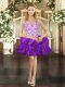 Custom Design Purple Ball Gowns Beading and Ruffles Prom Dress Lace Up Organza Sleeveless Mini Length