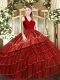 Latest Wine Red Sleeveless Satin and Organza Zipper Ball Gown Prom Dress for Military Ball and Sweet 16