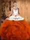 Glamorous Orange Red Halter Top Neckline Embroidery and Ruffles Vestidos de Quinceanera Sleeveless Lace Up