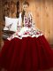 Inexpensive Floor Length Wine Red Sweet 16 Dresses Satin and Tulle Sleeveless Embroidery