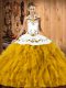 Halter Top Sleeveless Quince Ball Gowns Floor Length Embroidery and Ruffles Gold Satin and Organza