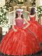 Ball Gowns Little Girls Pageant Gowns Coral Red Straps Organza Sleeveless Floor Length Lace Up
