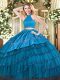 Teal Halter Top Backless Beading and Embroidery and Ruffled Layers Sweet 16 Quinceanera Dress Sleeveless