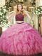 Ball Gowns Vestidos de Quinceanera Rose Pink Halter Top Organza Sleeveless Floor Length Zipper