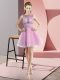 Luxury Rose Pink A-line Chiffon Bateau Sleeveless Beading and Bowknot Mini Length Zipper Evening Dress