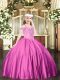 Fuchsia Ball Gowns Beading Pageant Gowns Lace Up Satin Sleeveless Floor Length