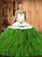 Elegant Olive Green Sleeveless Floor Length Embroidery and Ruffles Lace Up Quinceanera Gowns