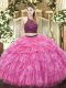 Rose Pink Organza Zipper Sweet 16 Dress Sleeveless Floor Length Beading and Ruffled Layers