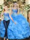 Unique Baby Blue Sweetheart Neckline Beading and Ruffles 15 Quinceanera Dress Sleeveless Lace Up