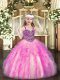 Rose Pink Organza Lace Up Pageant Dress Wholesale Sleeveless Floor Length Beading and Ruffles