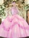 Romantic Rose Pink Sleeveless Tulle Zipper Ball Gown Prom Dress for Military Ball and Sweet 16 and Quinceanera