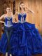 Nice Organza Sweetheart Sleeveless Lace Up Embroidery and Ruffles Quince Ball Gowns in Royal Blue