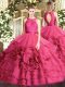 Customized Hot Pink Ball Gowns Scoop Sleeveless Fabric With Rolling Flowers Floor Length Zipper Lace Quinceanera Gown